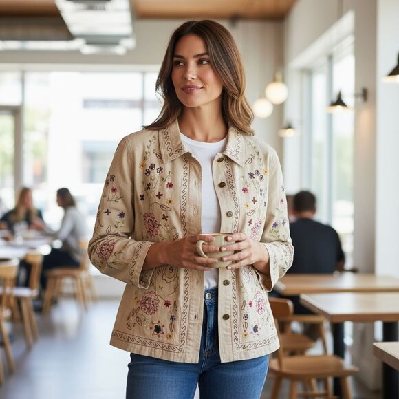 Denim & Co. Womens Beige Embroidered Button Shirt Jacket 1X Floral Long Sleeve - Picture 1 of 14